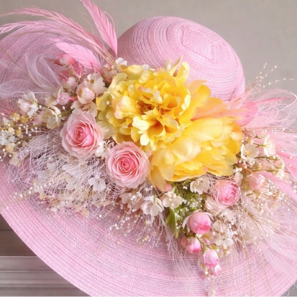 Pink Wide-Brim Floral Hat with Yellow Blooms